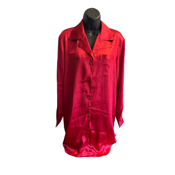 Vintage Lord And Taylor Womens Red Satin Sleep Shirt Sz Small Loose Fit Oversize - Picture 1 of 12